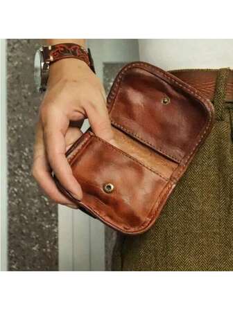 1 pieza Monedero de estilo vintage de una sola capa de piel de vaca, minimalista y de moda, con cierre a presión, adecuado para guardar monedas y artículos pequeños para mujeres y hombres, billetera pequeña, monedero, billetera mini