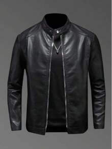 男士休闲复古机车皮夹克，春秋季，羊毛 - 黑色 - 查看 1