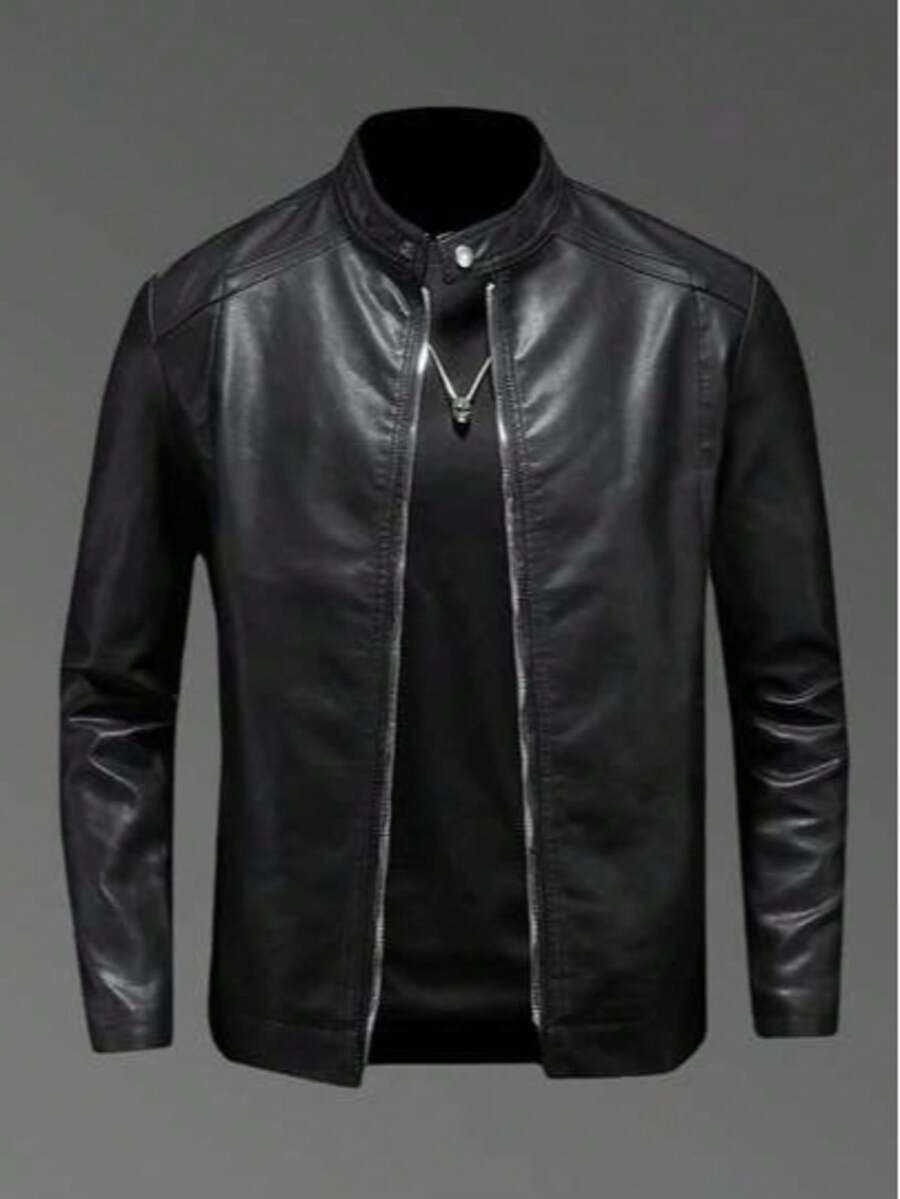 男士休闲复古机车皮夹克，春秋季，羊毛 - 黑色 - 查看 1