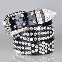 1 pieza Cinturón de mujer con rhinestones, cinturón de cuero casual de moda con hebilla de pasador como decoración para jeans - Rosa Fucsia - Ver 6