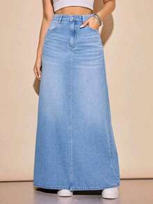 Women's Slim-Fit Mid-Length Non-Stretch Denim Skirt, With Split Hem Detail And Pockets, Casual Mid-Length Denim Skirt For Spring, Summer, Autumn, Winter - Light Wash - View 1