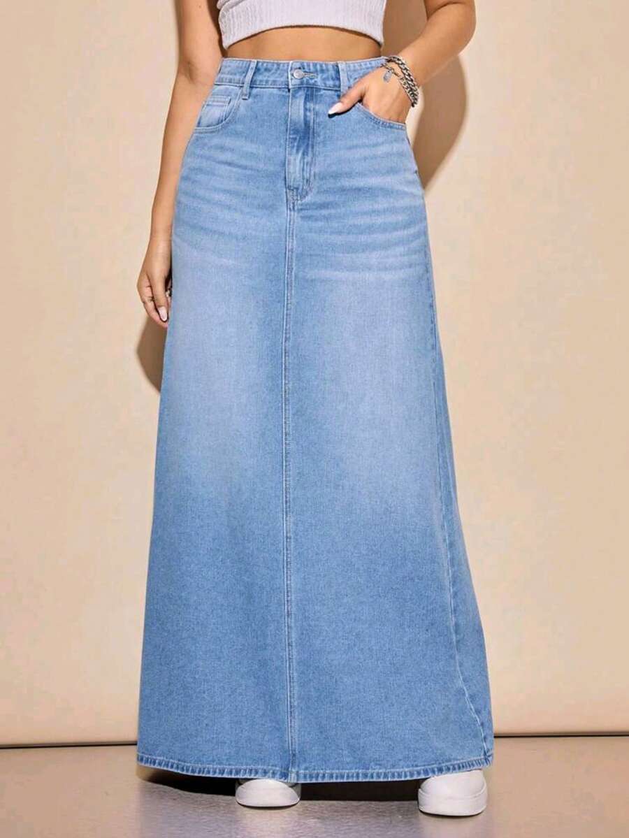 Women's Slim-Fit Mid-Length Non-Stretch Denim Skirt, With Split Hem Detail And Pockets, Casual Mid-Length Denim Skirt For Spring, Summer, Autumn, Winter - Light Wash - View 1