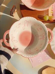 1pc New Bowknot Double Ear Bowl, Girly Pearl Lace Rim Bowl, Large Capacity Ceramic Dining Deep Bowl, High-Aesthetic Ceramic Ramen/Soup/Yogurt/Oatmeal Bowl, Suitable For Home, Restaurant, Dessert Shop, Gathering, Party - Multicolor - View 5