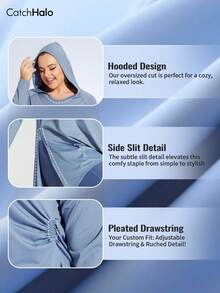 Plus Size Blue Long Sleeve Pleated Drawstring Loose Hooded Sweatshirt, Suitable For Full-Figured Women, Ideal For Fitness, Tennis, Outdoor Sports And Casual Running In Autumn/Winter - Dusty Blue - View 8
