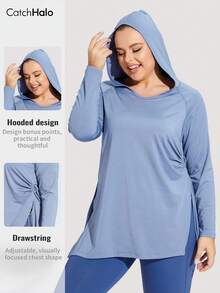Plus Size Women Hooded Sweatshirt, Long Sleeve, Ruched Waist Design, Side Slit, Soft & Comfortable Loose Fit, Suitable For Fitness & Yoga Sports - Dusty Blue - View 3