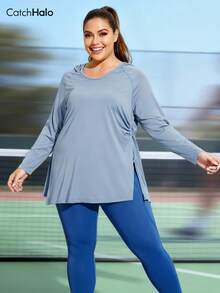 Große Größen Blaue Langarm Plissee Kordelzug Locker Sitzende Kapuzen Sport Top für Kurvenreiche Frauen, Herbst Winter Gym Tennis Outdoor Sport & Alltäglicher Lässig Lauf