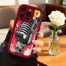 Cubierta de teléfono con diseño de micrófono vintage rojo y negro para iPhone 14 Pro Max estilo rock and roll ideal para músicos y amantes de la música - Café integral - Ver 5