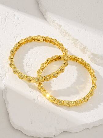 1 Pair 24K Gold Plated Copper Luxury Elegant Bangle Bracelets, Gold Alternative