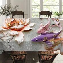 1 Stück neuer chinesischer Stil Koi Fisch Tischdecke, Nische Heim Ästhetik Tischdecke, strapazierfähiges Polyestermaterial, leicht zu reinigen, unverzichtbar für Familienzusammenkünfte, geeignet für tägliches Esszimmer, Wohnzimmer, Familienfeiern, Themenfeiern, Innen-/Außenbereich - Verschiedenfarbig - Übersicht 9