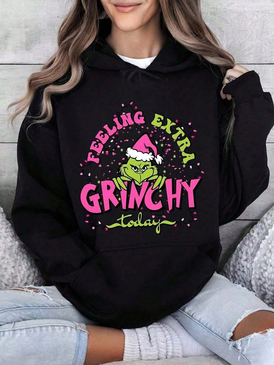 Winter Clothes For WomenChristmas Holiday Hoodie With Feeling Extra Grinchy Today Print - Festive Green Character Design, Perfect For Christmas Seaso - 黑色 - 查看 1