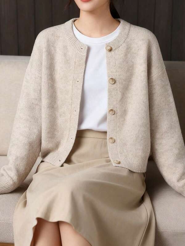 Cárdigan beige para mujer - Diseño con botones delanteros, suéter abrigo de manga larga suave, cómodo y grueso para uso casual y formal en otoño e invierno, textura de fibra, corte holgado, tela elástica, adecuado para uso en la oficina
