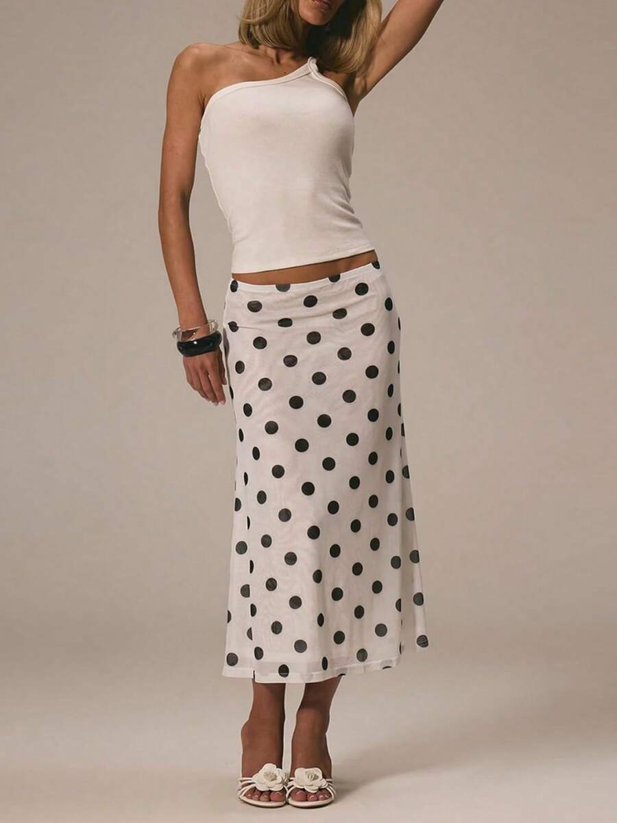 Women Y2k Polka Dots Maxi Skirt Casual Elastic Waist High Rise A Line Flowy Long Skirts Fishtail Summer Sheer Mesh Pencil Long Skirts  Going Out Flared Skirt Vintage Outfit Beach Vacation - 白色 - 查看 1