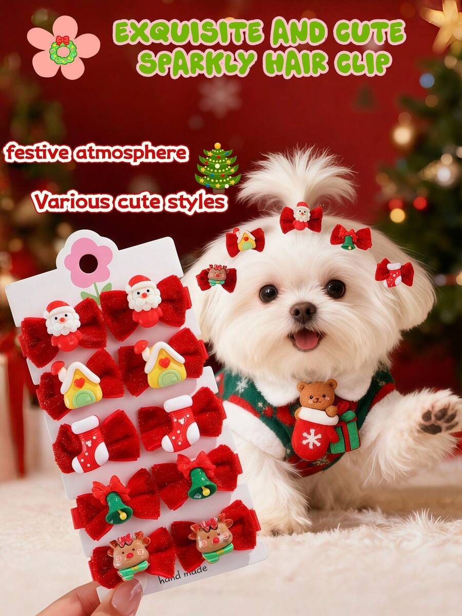 1 set (10 buc) agrafe/agrafe de păr cu tematică festivă de Crăciun pentru câini/pisici, design cu Moș Crăciun/clopoțel/om de zăpadă/elemente de Crăciun, accesorii decorative de păr pentru petrecere de Crăciun/ședință foto, animale de companie - Multicolor - Vizualizare 1