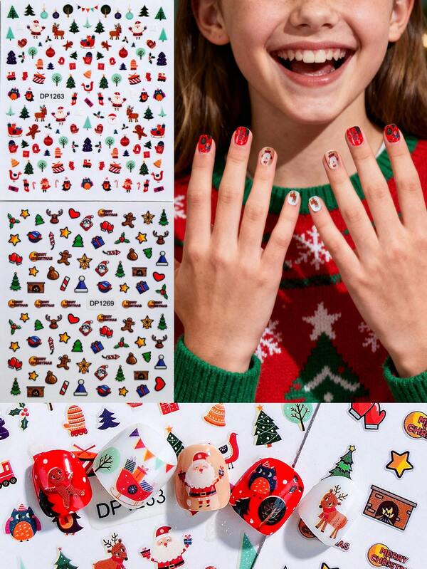 2 pièces d'autocollants pour ongles thème de Noël pour enfants, avec des motifs mignons du Père Noël, des sapins de Noël et des cadeaux de Noël, convenant à la décoration d'ongles DIY de Noël pour enfants.