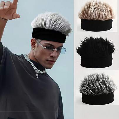 1 chiếc mũ len nam cá nhân hóa có tóc giả, mũ tóc giả độc đáo cho nam, mũ không vành thời trang, phụ kiện trang phục dự tiệc cho nam, mũ tóc giả thể thao ngắn, kèm tóc giả màu xám mềm mại, băng đô đen trắng, phụ kiện dự tiệc vui nhộn, bao gồm tóc thẳng, chất liệu mềm mại.