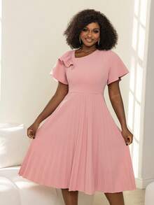 Faeriesty Váy dự tiệc tay ngắn thanh lịch cỡ lớn kèm chân váy midi xếp ly & dáng chữ A ôm sát – Trang phục dạ hội thanh lịch cho đám cưới, tiệc tối và các buổi tụ họp cao cấp - Bụi hồng - Xem 6