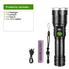 36000000流明高功率超亮LED铝合金手电筒，防水，适用于户外远距离聚光灯，18650/26650可充电电池，多功能数字显示，适合探险、徒步、登山和钓鱼等活动。 - 黑 - 查看 13