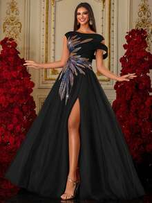 New Embroidered Pearl Formal Evening Dress, High-End Elegant - Black - View 7
