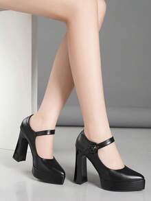 女士踝带高跟鞋，粗跟浅口鞋，粉色、杏色、裸色、酒红色、黑色、白色、红色、银色、金色、棕色可选，时尚百搭