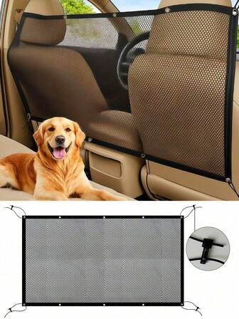 1个黑色宠物车载隔网，方便您携带宠物外出。这款隔网可用作狗狗汽车座椅套、宠物汽车座椅或宠物车载隔离网（带可调节绳钩）。多功能车载隔离网适用于SUV、轿车和卡车。是万圣节或圣诞节的完美礼物之选。