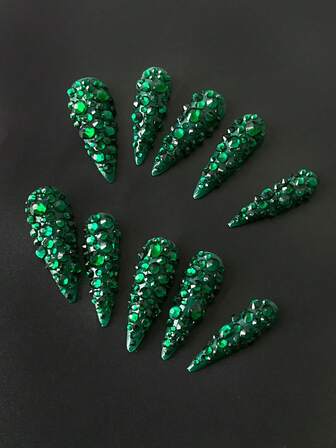 Stiletto Nails Handgjorda Press-On Naglar - Mörkgröna Heltäckande Kristallglitter I Minimalistisk Lyxig 3D-Design, DIY Högglans Lösnaglar, 10 st/Set