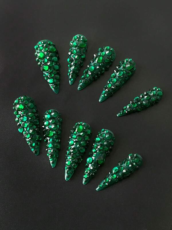 10 Peças Unhas Postiças Estilo Stiletto Feitas à Mão - Verde Escuro Cobertura Total com Glitter de Cristal em Design Minimalista Luxuoso 3D, Unhas Falsas DIY de Alto Brilho