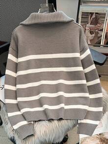 秋冬新款拉链女条纹针织毛衣，时尚高端简约套头衫，百搭