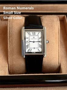 Pablo Raez 原创魅力情侣腕表，奢华男女经典腕表，长方形罗马数字复古中性不锈钢情侣腕表，带日期显示，银色表盘，黑色超细纤维皮革表带，时尚全新 AAA 设计男女石英腕表