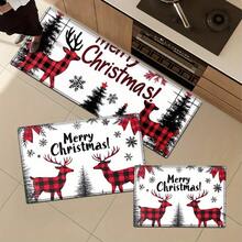 2/3pcs Christmas, Deer, "Merry Christmas!" Pine Trees, Snowflakes, Red And Black Checks, Christmas-Themed Style Flannel Soft Kitchen Rugs Non Slip Washable, Throw Mat, Non-Skid Runner Mat, Floor Mat, Doormat, Living Room Laundry Bathroom Water-Ab