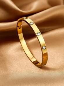 1入組精品豪華不鏽鋼紋理優雅女性設計啞光金開口手鐲 - 圓珠開口手鐲 - 查看 9