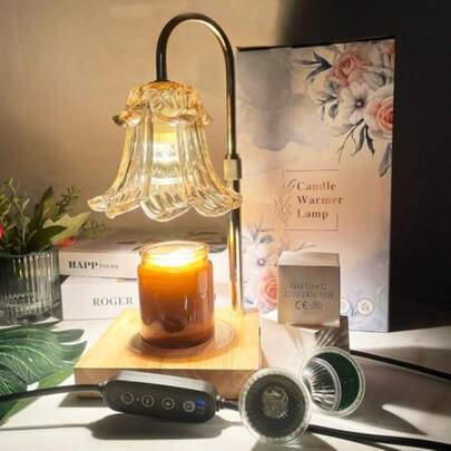 Candle Warmer Lamp With Timer Adjustable Height Dimmer 3 Bulbs Wax Melt Warmer Lantern For Scented Wax Rose FlowerShaped Glass Wooden Base Candle Light Gifts Christmas