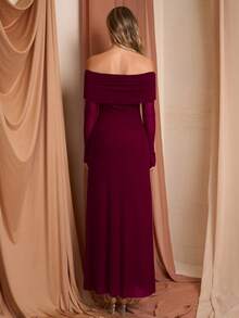 露肩褶饰亮片网眼长裙 - 酒紅色 - 查看 5