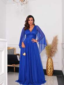 Luxury Long Dress With Flowing Sleeves And Deep Neckline – Timeless Elegance And Sparkle For Parties* - 寶藍色 - 查看 4