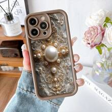Cubierta de teléfono elegante con diseño de perlas y bordado dorado en tono gris oscuro para iPhone 14 Pro Max estilo vintage femenino ideal para uso diario y eventos especiales - Blanco - Ver 5