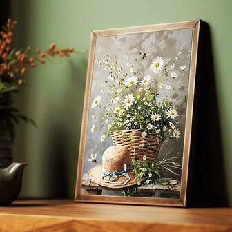 1幅植物主题墙面艺术海报 - 美丽的花园风格雏菊装饰画 - 适用于卧室、客厅、书房、房间、浴室墙面装饰 - 印刷图片海报、帆布墙画、帆布油画（无框/有框）