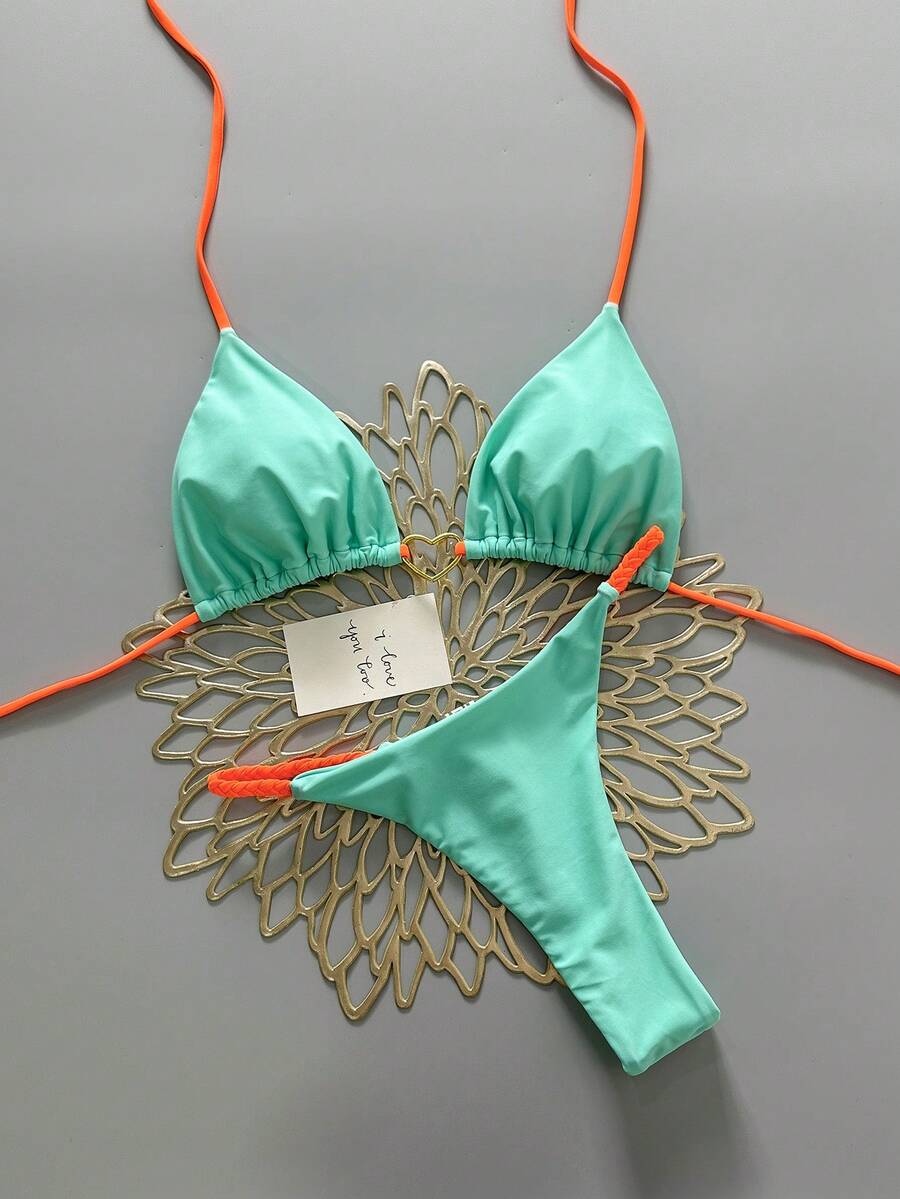 2pcs Casual Cute Elegant Sexy Bohemian Floral Tie-Up Braided Bikini Swimsuit, Beach Vacation, Spring/Summer - Baby Blue - View 1