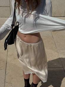 Women's Half Slip Satin Lace Long Underskirt Elastic Waist Low Rise Lace Trim A Line Flowy Silky Mid Skirt For Under Dress Skirt Extenders Skirt Casual Going Out Skirts Streetwear - 黃色 - 查看 5