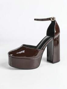 女士法式咖啡棕色甜美仙女风绑带防水厚底粗跟玛丽珍走秀鞋 - 咖啡棕 - 查看 7