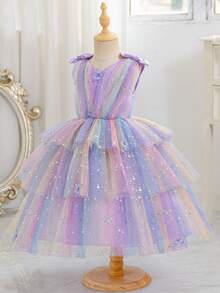Rainbow Lavender Sequin Tulle Cake Dress, Butterfly Decor V-Neck Flower Girl Princess Gown For Young Girl Wedding, Birthday Party, Festival, Formal Occasion - Mauve Purple - View 3