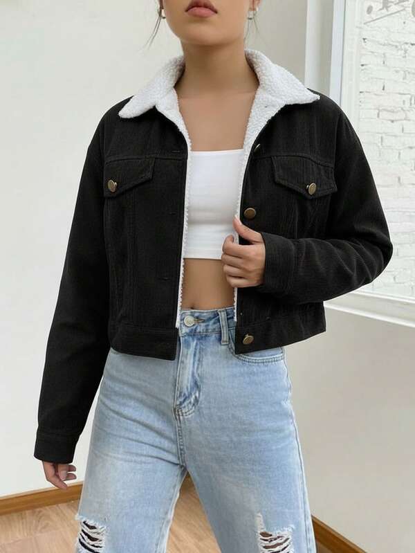 Women's Casual Elegant Wool Collar Jacket, Women's Solid Color Wool Collar Shirt Jacket, Suitable For Daily Outings, Commuting, Office, Birthday Party, Back To School, Party, Travel, Airport Outfit