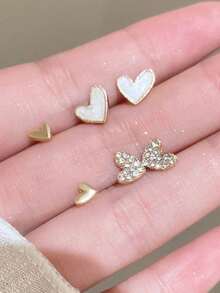 3pairs/Set Chic Individuality Delicate Heart-Shaped Rhinestone Earring Sets ,Casual Versatile Sporty Outdoor Earrings, For Women&Teen Wedding Banquet Prom Dating Gifts Summer Vacation Travel Music Festivals ,Suitable For Holiday Wear ,Mother's Day Gift - 黃金 - 查看 6