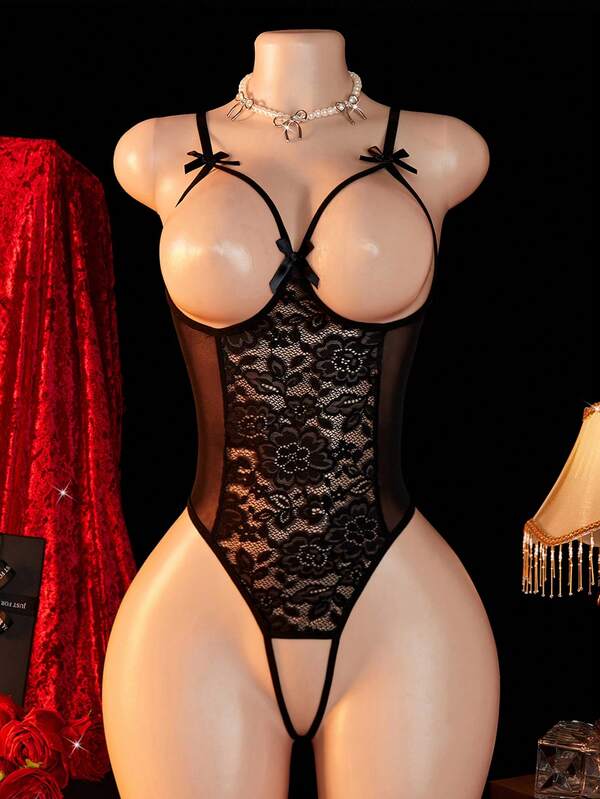 New Women's Sexy Lingerie, Openwork Bow On The Chest Adjustable Straps Double Row Of Hooks Semi-Transparent Lace Patchwork Sexy Bodysuit Erotic Teddy, Baddie Look