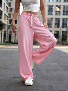 女士直筒休闲运动裤，时尚简约弹力腰带，侧边口袋，轻便透气，适合户外及日常穿着，春夏粉色 - 粉色 - 查看 3