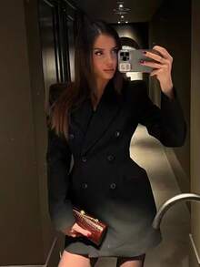 TF.MLN 秋季OL时尚西装外套，春季黑色双排扣夹克 - 黑色 - 查看 6