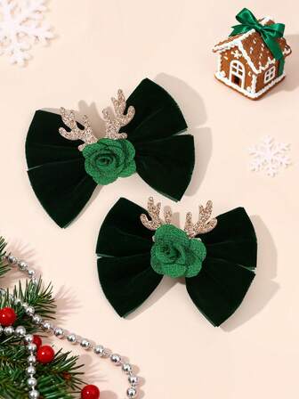 2 piezas Lazos de cabello verde oscuro de Navidad para mujeres y niñas, con decoración de flores verdes, pinzas de cocodrilo, ciervos champán adorables, elegantes barrettes de Navidad, accesorios de cabello lindos y dulces para fiestas navideñas