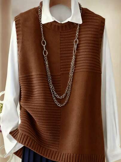 Chaleco de mujer talla grande, estilo elegante europeo y americano, versátil jersey de punto sin mangas de cuello redondo de unicolor casual, adecuado para primavera, otoño e invierno