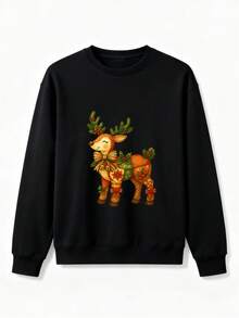Women's Men's Christmas Reindeer Print Fleece Lined Crew Neck Sweatshirt - Perfect For Holiday Season Style And Warmth For Winter Holidays - Cozy And Soft - Black - View 5