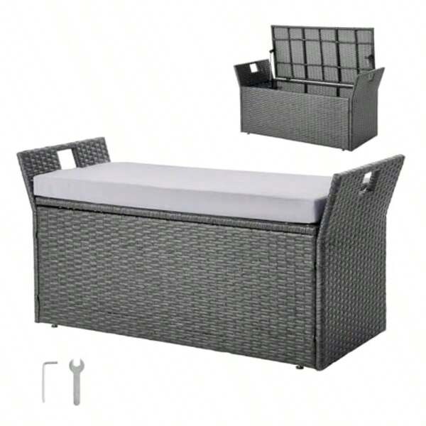 Outdoor Storage Bench 2Person PE Rattan Storage Bench 151L Deck Box With Cushion And Side Handle Supports Up To 181kg Weatherproof Outdoor Seating And Porch Decor For Patio Garden Balcony