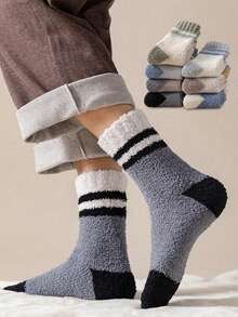 7 قطع/5 قطع/3 قطع/1 قطعة جوارب من الفليس المرجاني للرجال، جوارب متوسطة الطول مبطنة دافئة للخريف/الشتاء، جوارب منزلية كاجوال للاستخدام اليومي والعطلات والحفلات والأوقات الحرة - متعدد الألوان - مشاهدة 4
