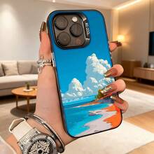 Cubierta de telefono con diseño de paisaje tropical azul y naranja para iPhone 14 Pro Max funda protectora con impresion de playa y cielo claro ideal para uso diario en interiores y exteriores Aplicable a teléfonos Apple y Galaxy. - Negro - Ver 4